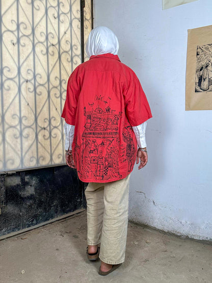 Bright Red Hand Painted Button Down