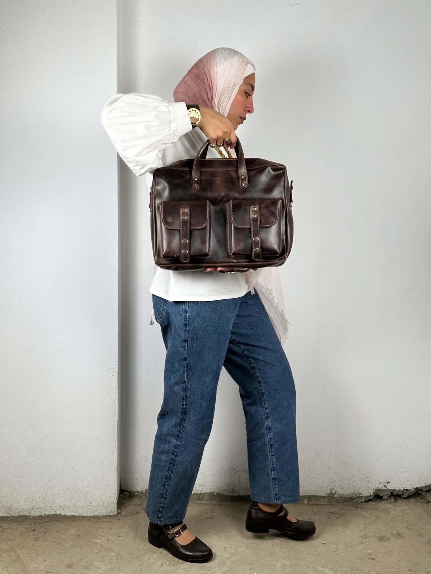 Genuine Leather Zipper Laptop Bag
