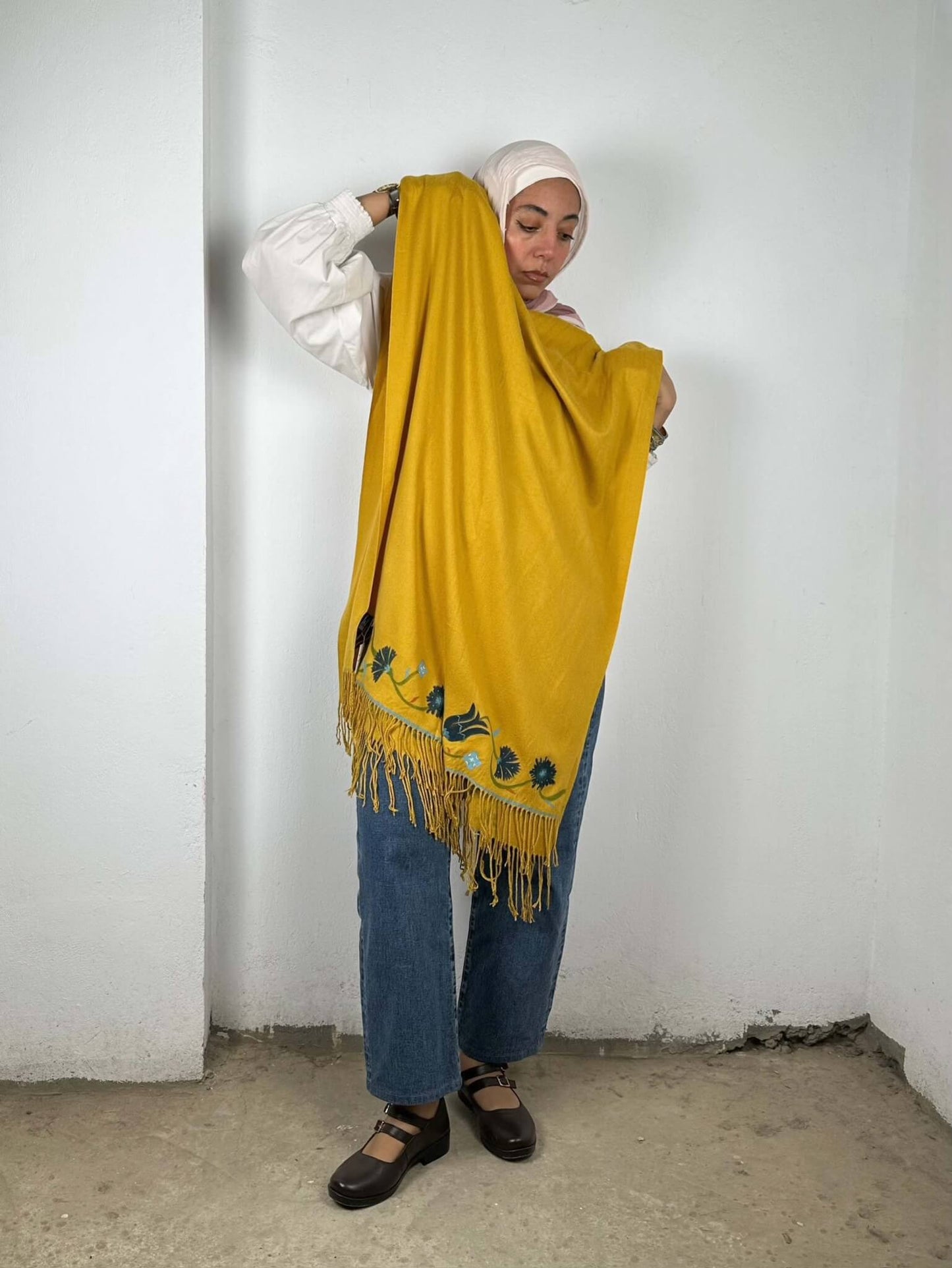 Handpainted Mustard Shawl