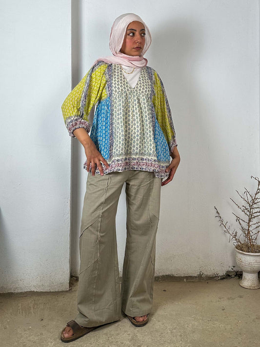 Patterned Color Block Blouse