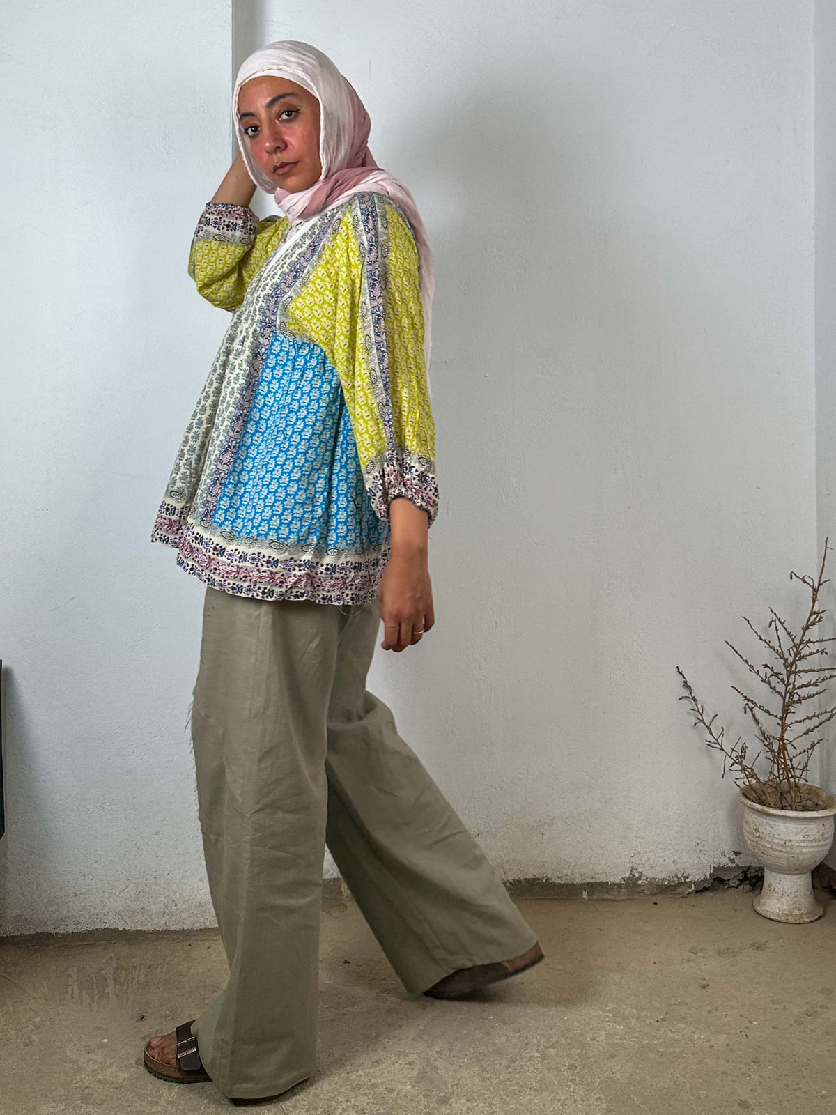 Patterned Color Block Blouse