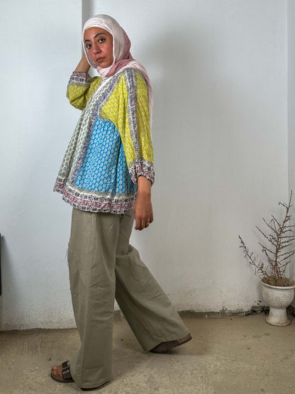 Patterned Color Block Blouse