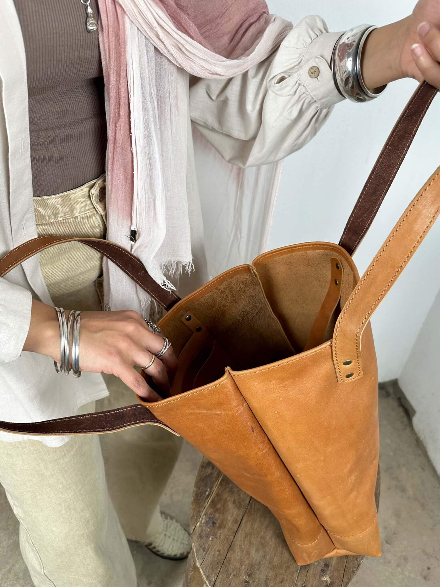 Tan Leather Tote Bag