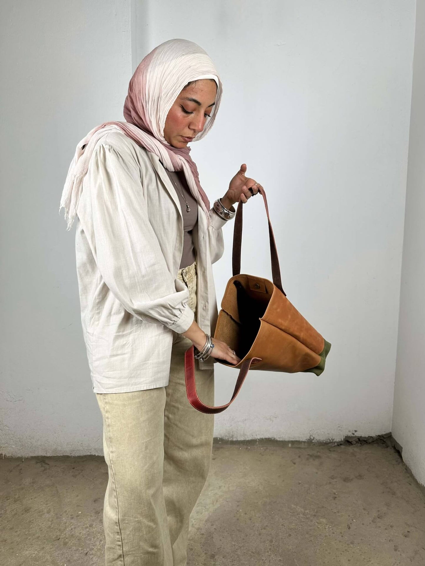Tan and Olive Leather Tote Bag