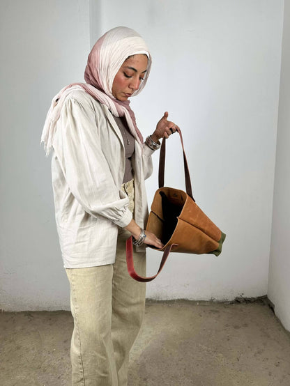 Tan and Olive Leather Tote Bag