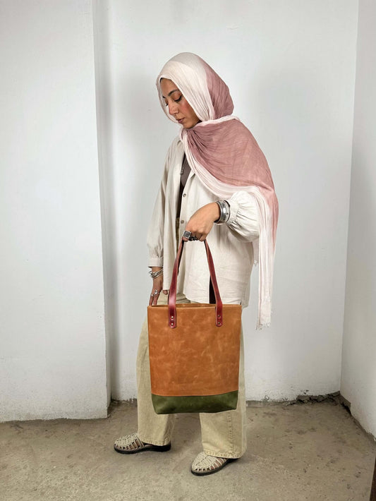 Tan and Olive Leather Tote Bag