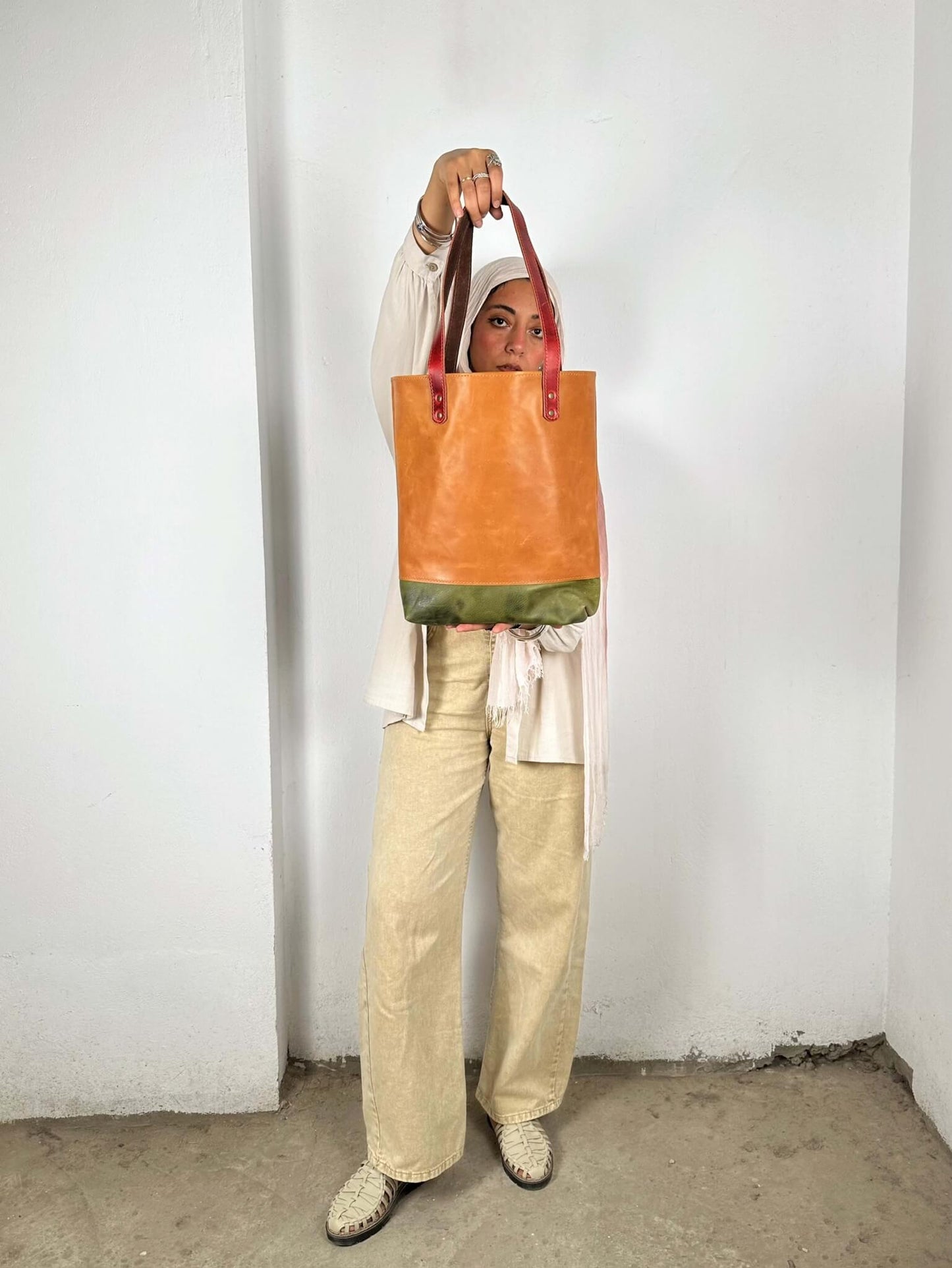 Tan and Olive Leather Tote Bag