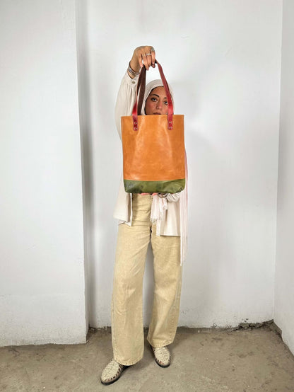 Tan and Olive Leather Tote Bag