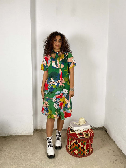 Floral Green Linen Dress