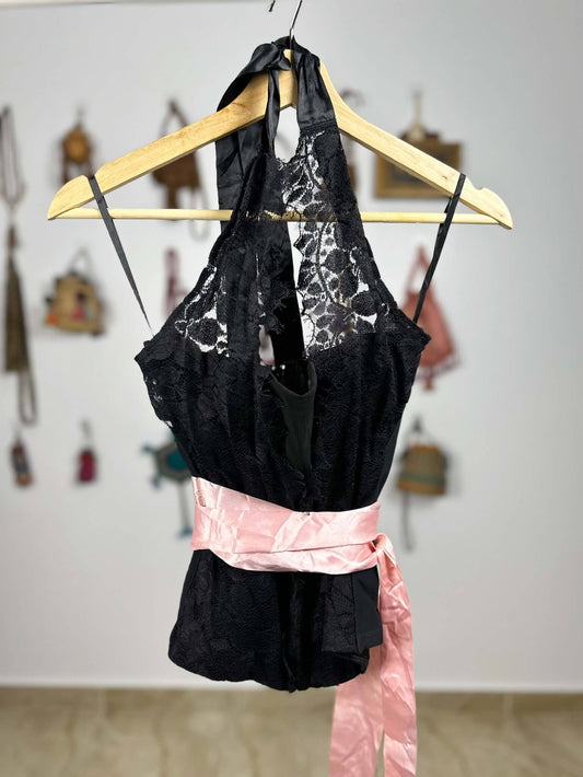 Black Lace Top with Pink Wrap Belt