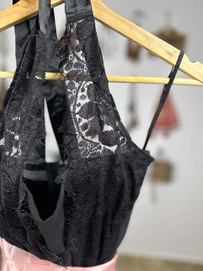 Black Lace Top with Pink Wrap Belt