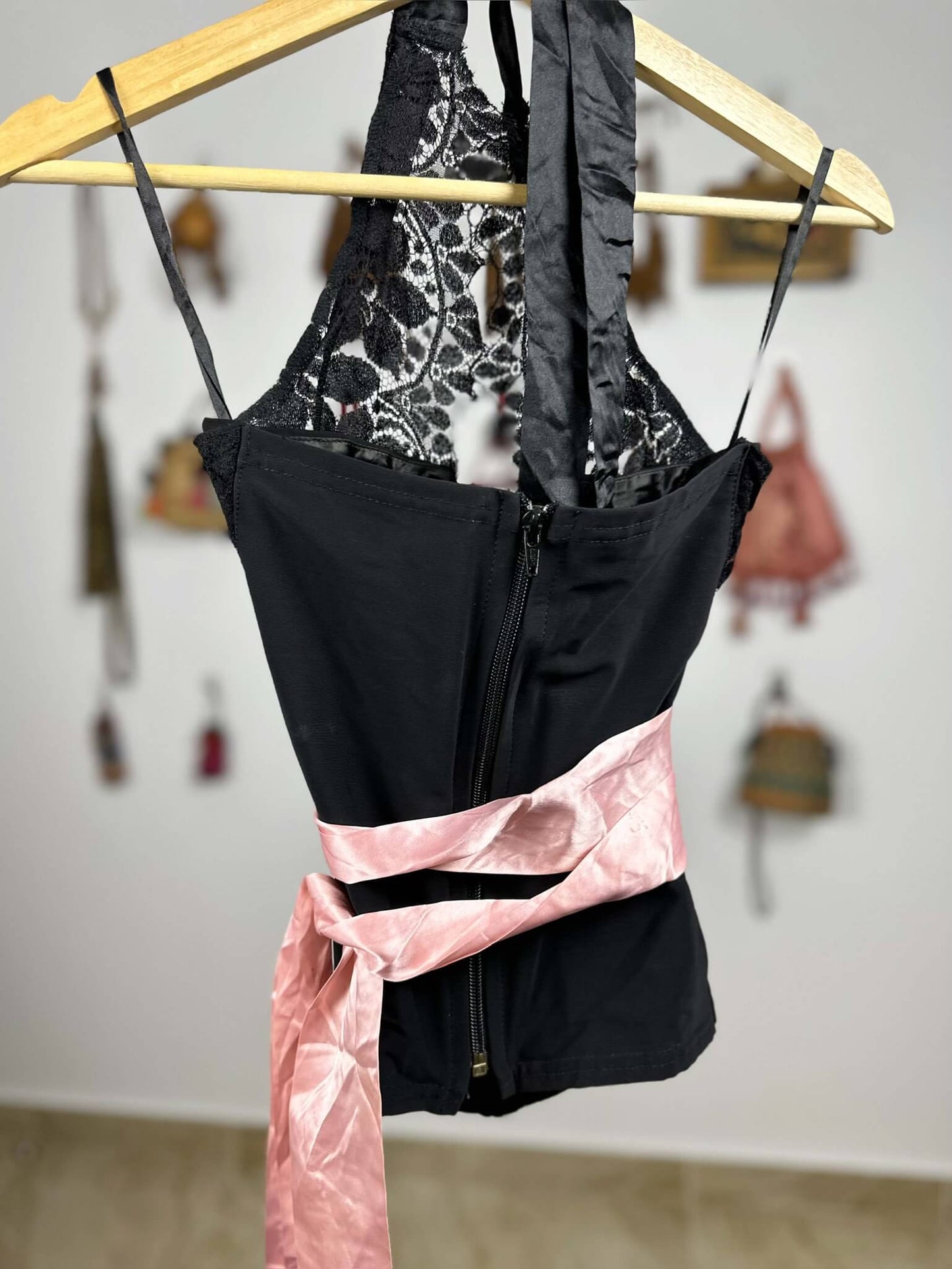Black Lace Top with Pink Wrap Belt