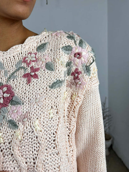 Pink Vintage Floral Knit Sweater