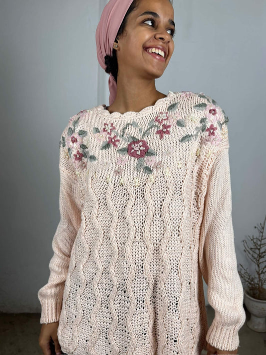 Pink Vintage Floral Knit Sweater