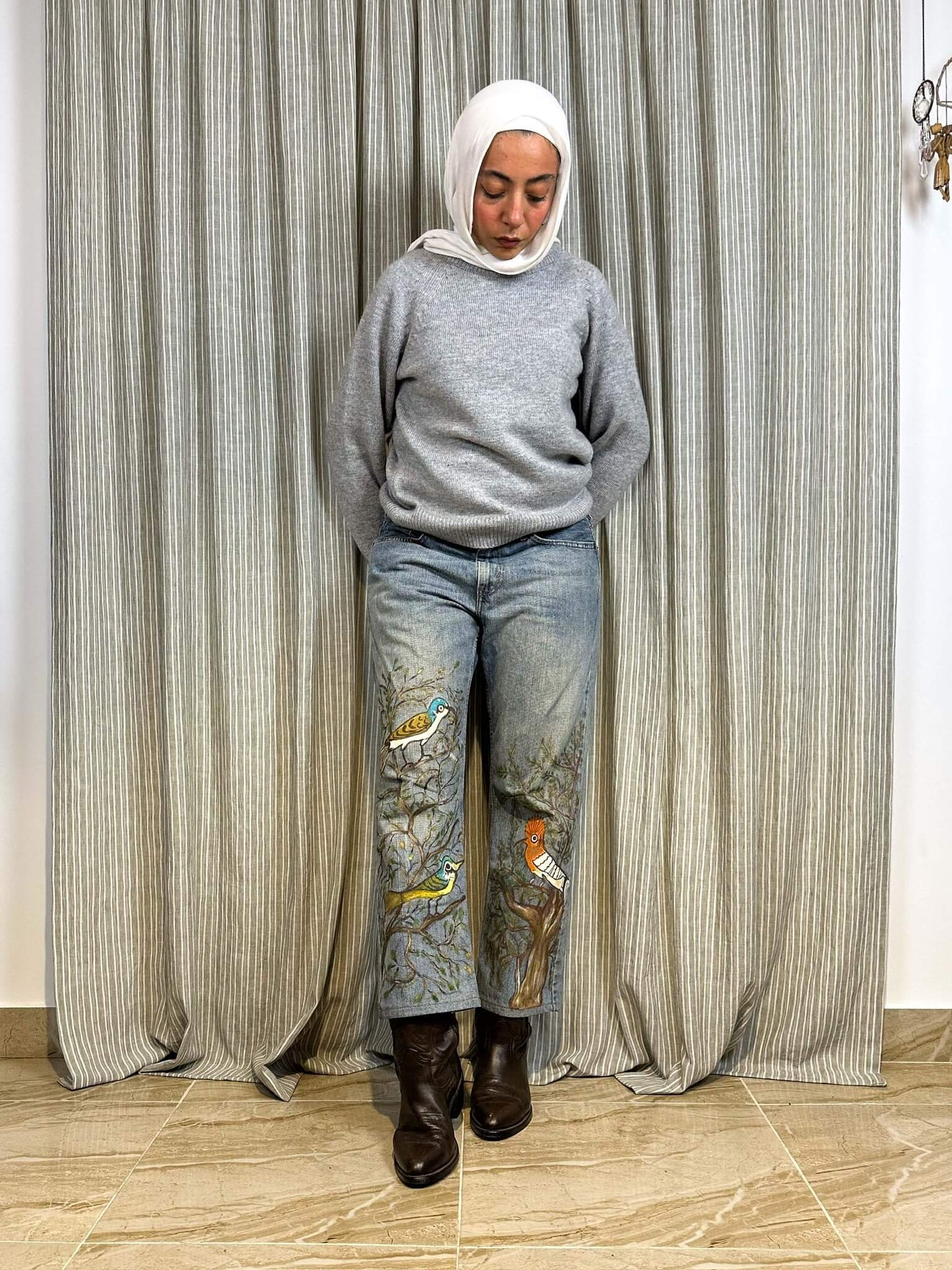 Birds of Acasia Handpainted Jeans
