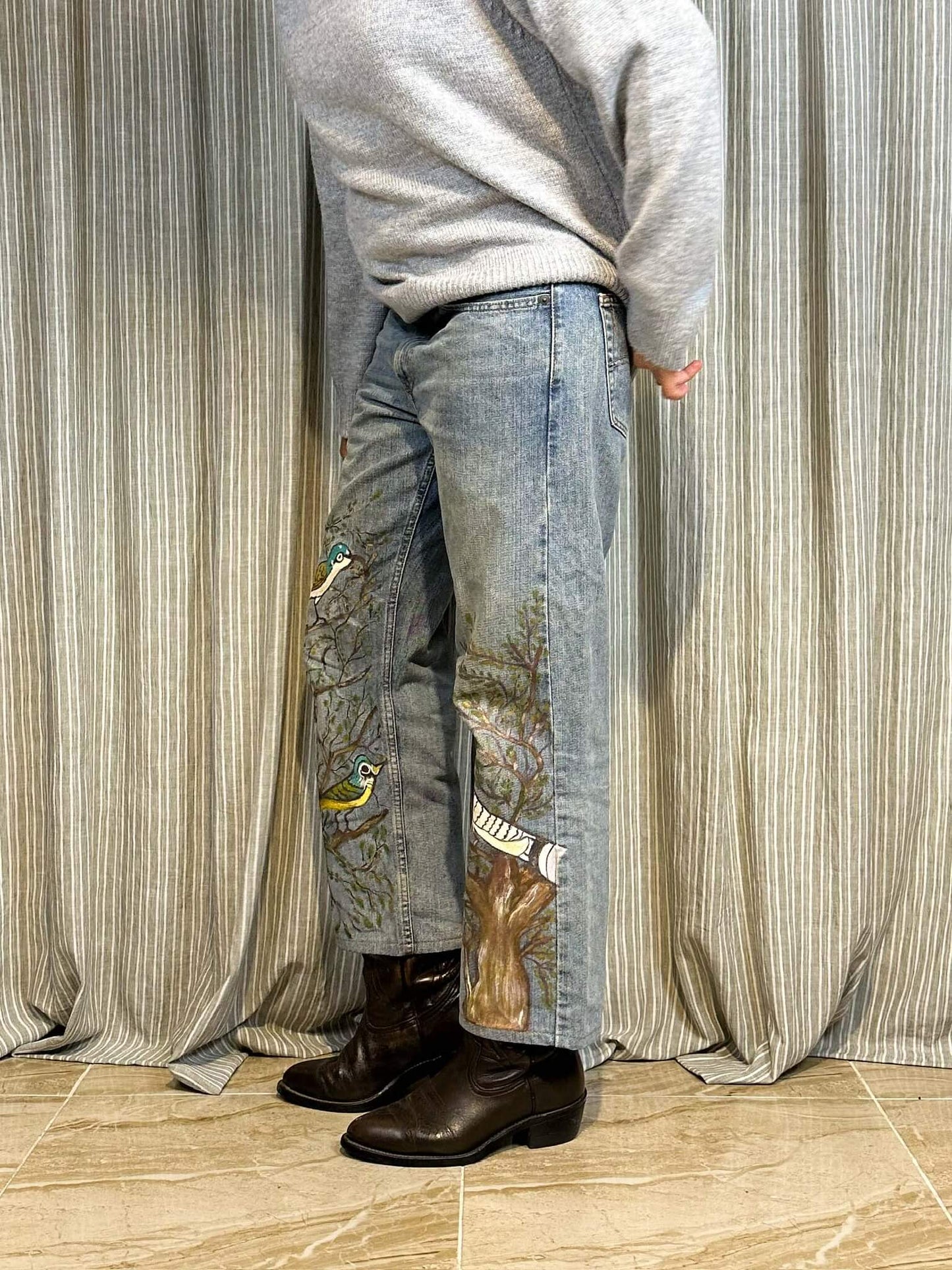Birds of Acasia Handpainted Jeans
