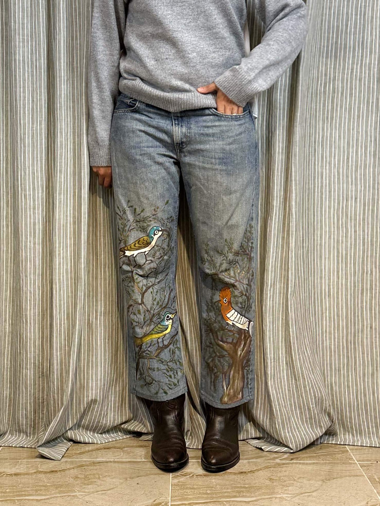 Birds of Acasia Handpainted Jeans