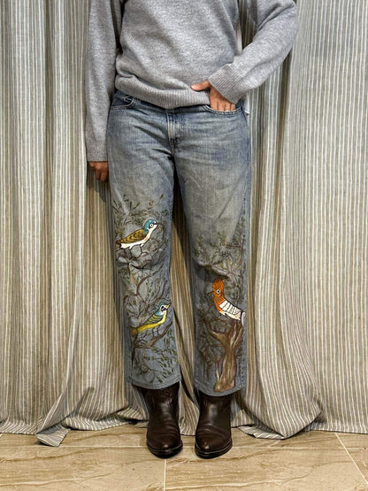 Birds of Acasia Handpainted Jeans