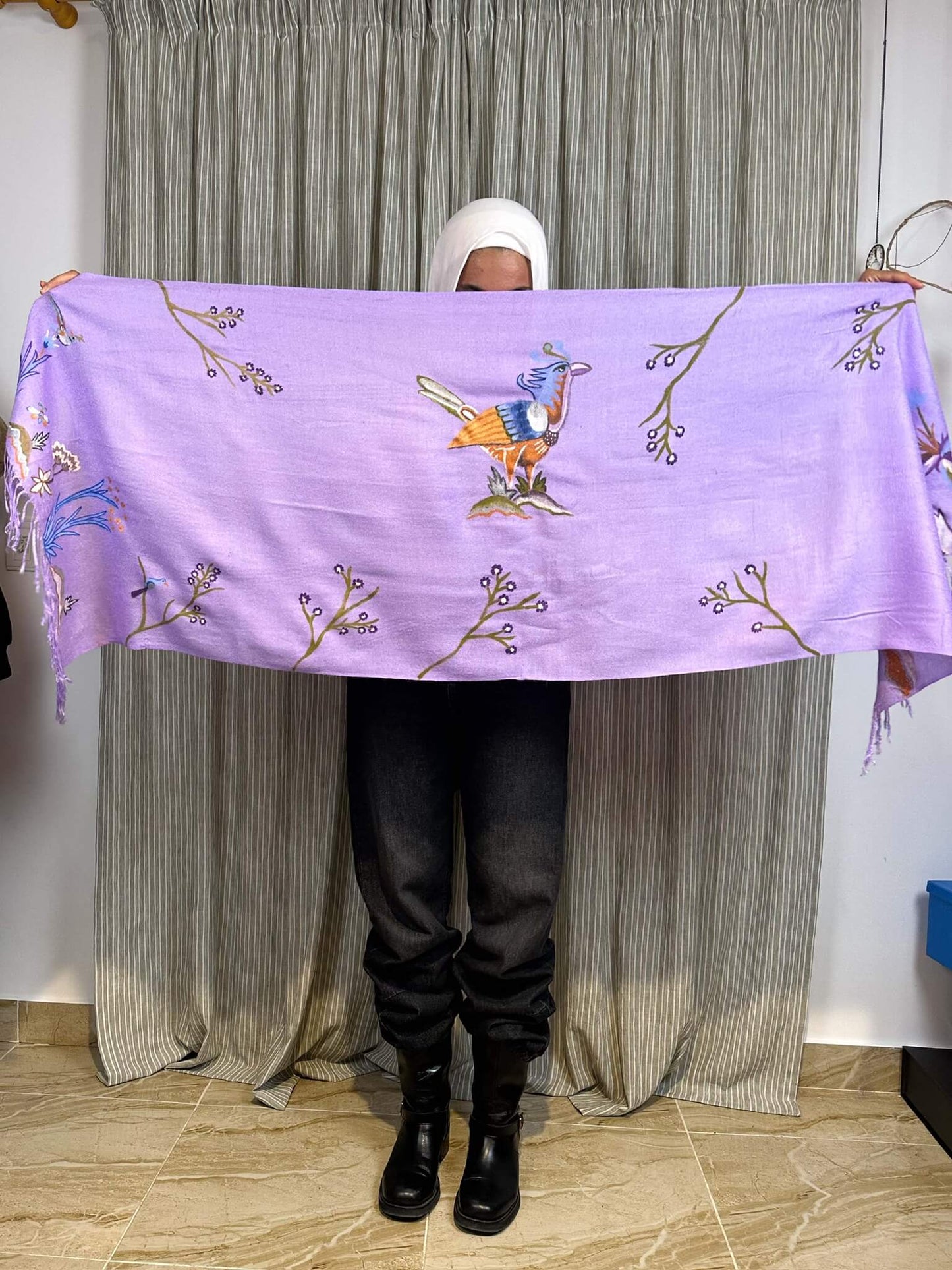 Bird Handpainted Purple Shawl