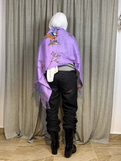 Bird Handpainted Purple Shawl