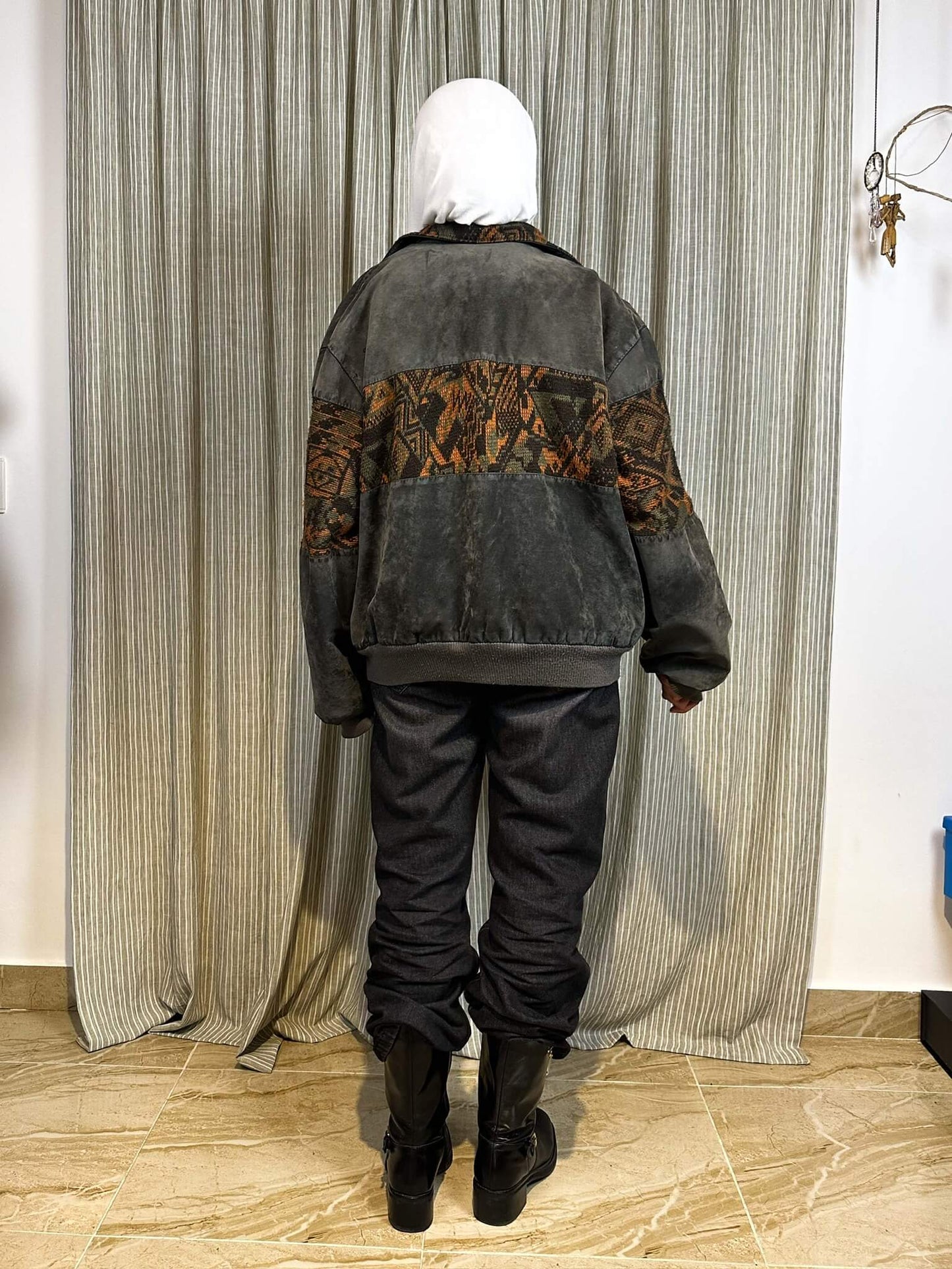 Patterned Grey Vintage Bomber Jacket