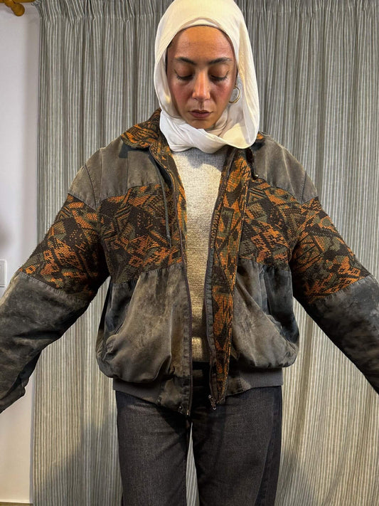 Patterned Grey Vintage Bomber Jacket
