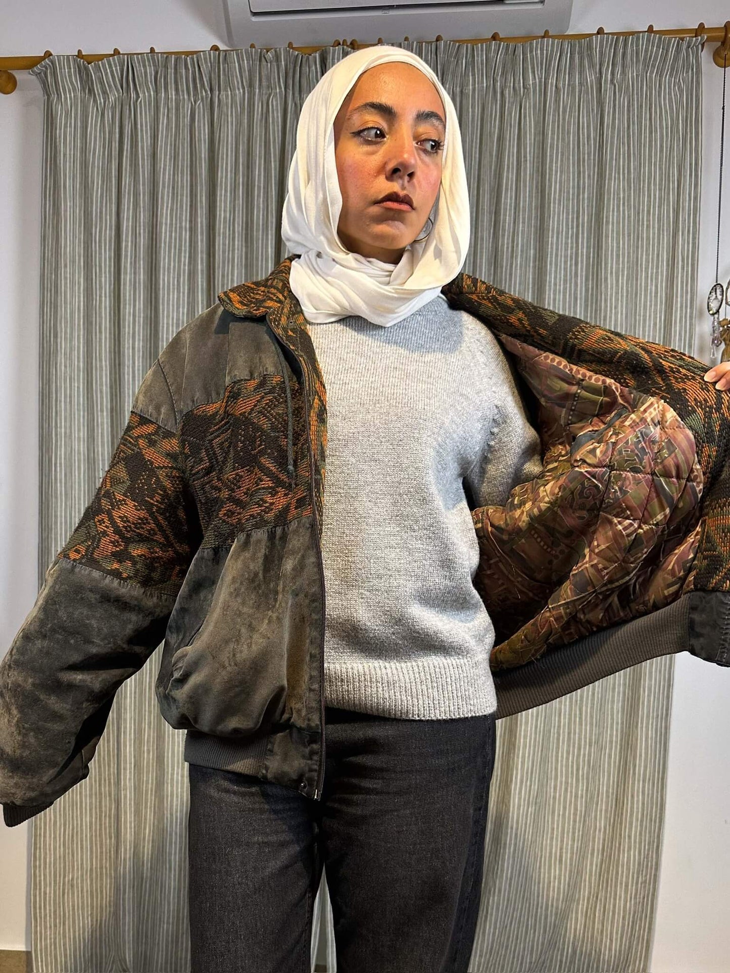 Patterned Grey Vintage Bomber Jacket