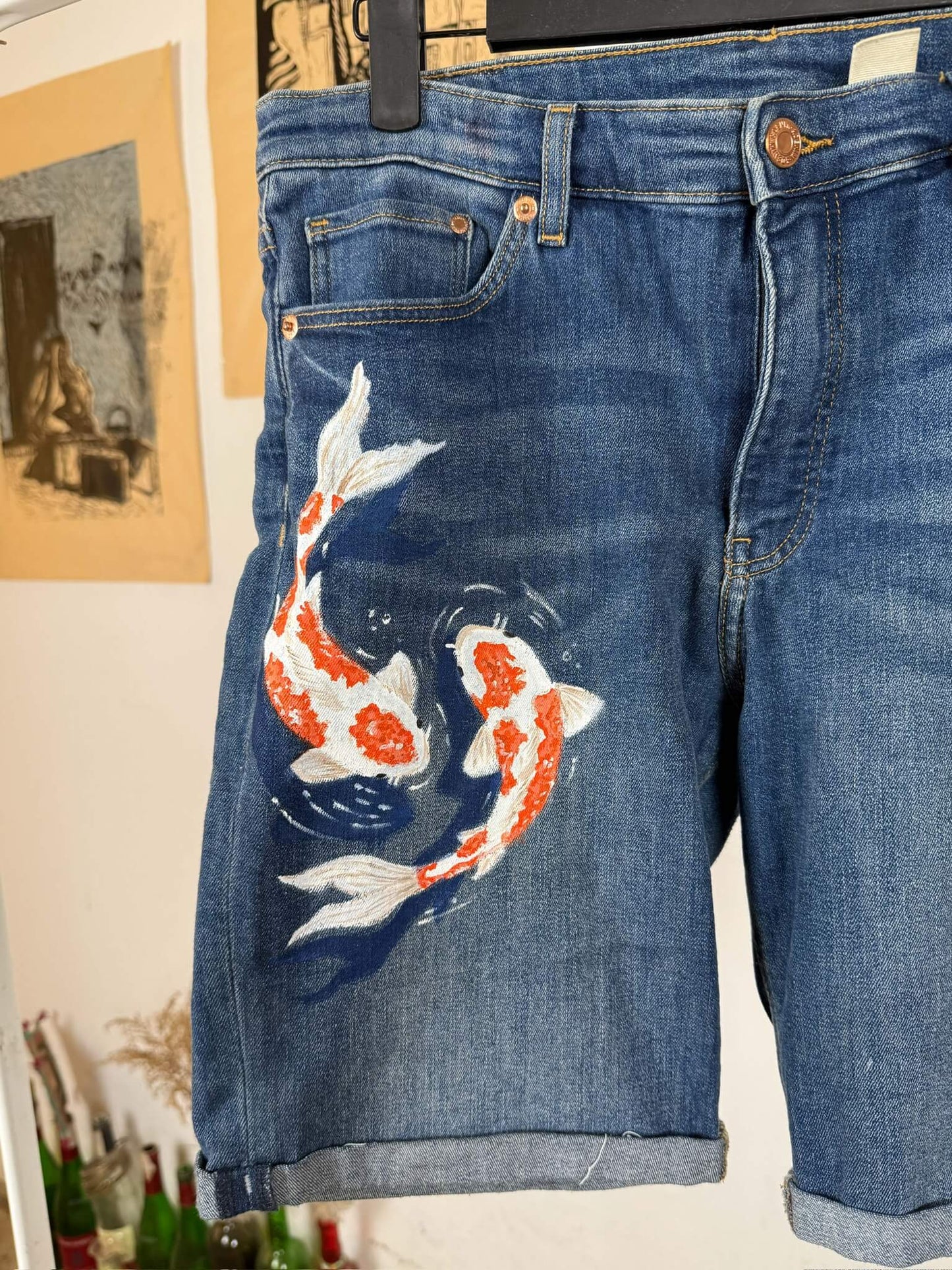 Koi Fish Handpainted Denim Shorts