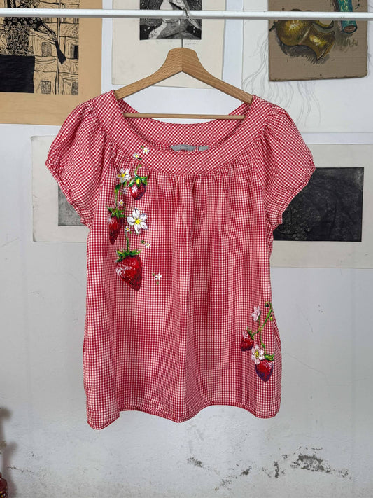 Handpainted Strawberries Gingham Top