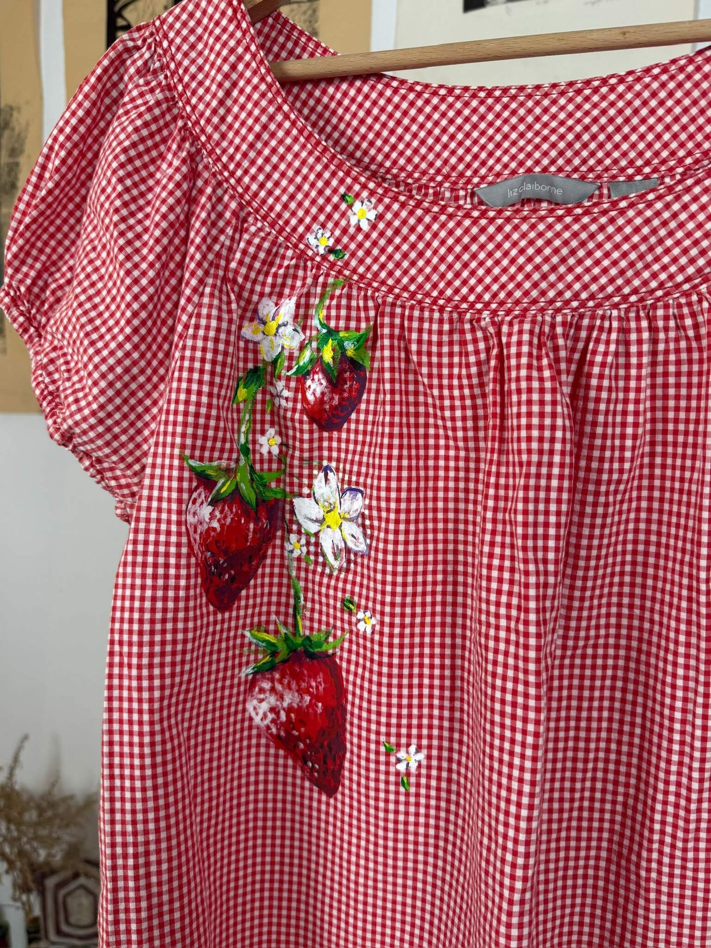 Handpainted Strawberries Gingham Top