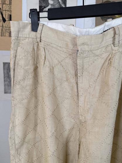 Beige Linen Embroidered Pants