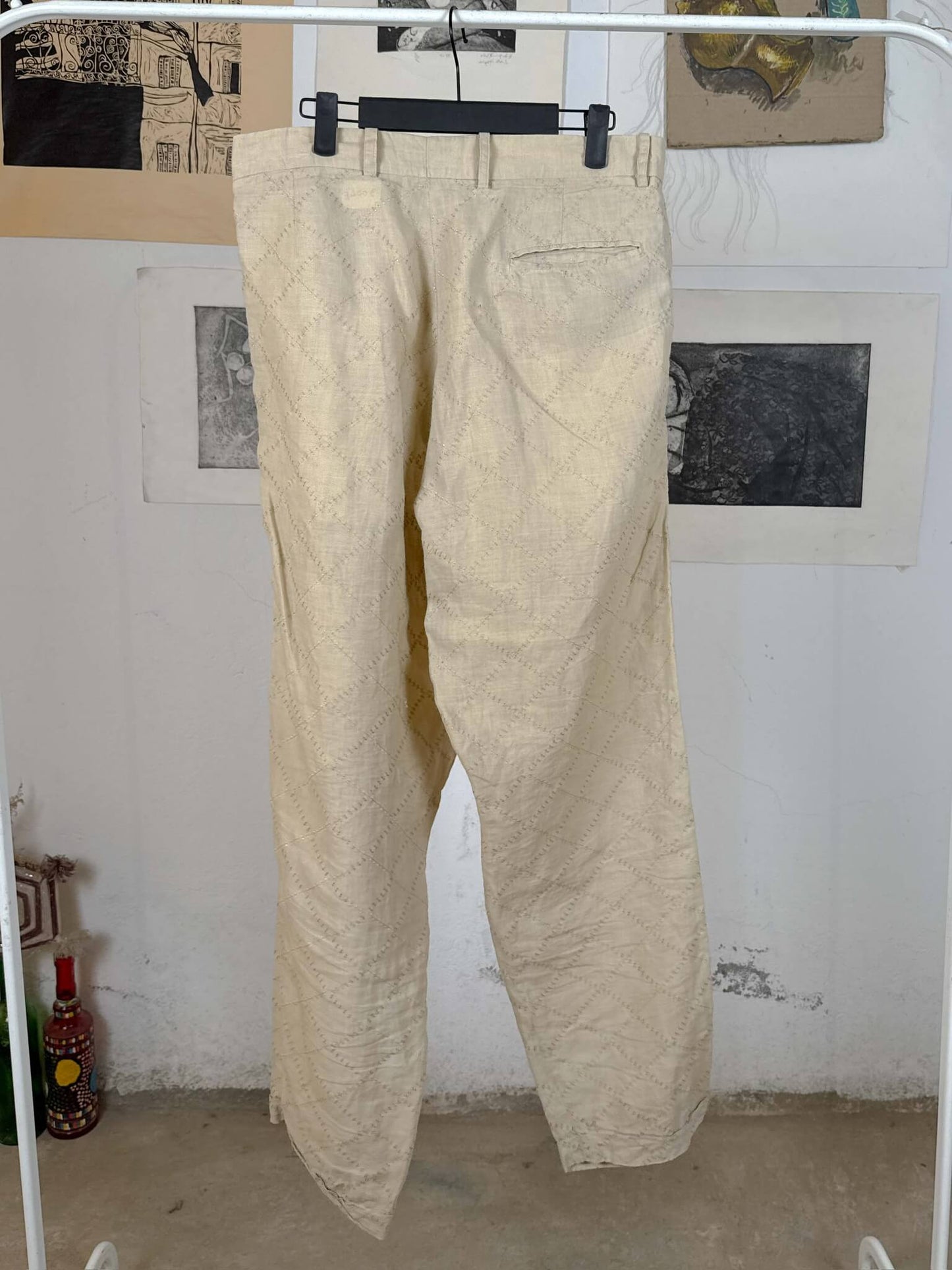 Beige Linen Embroidered Pants
