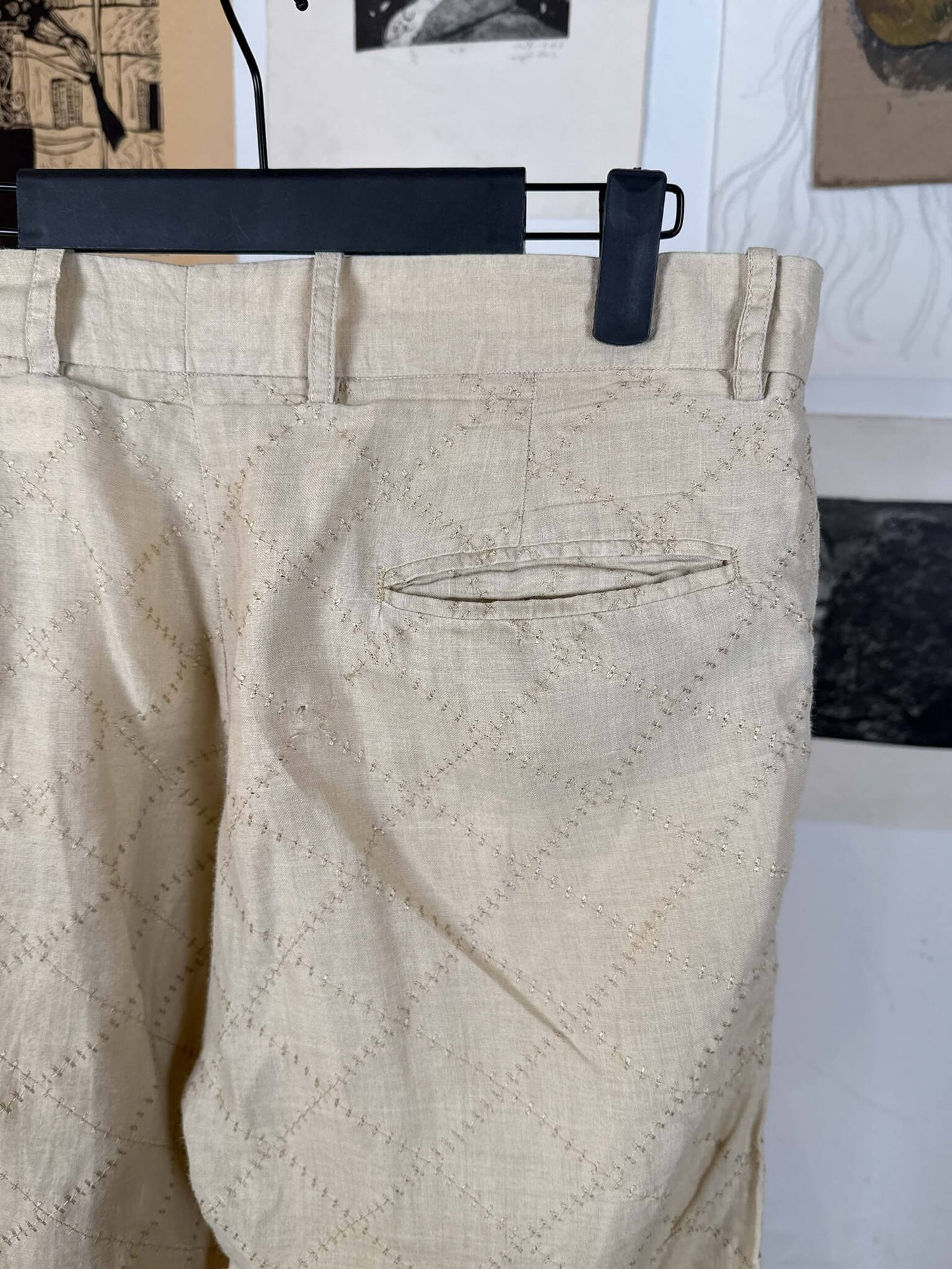 Beige Linen Embroidered Pants