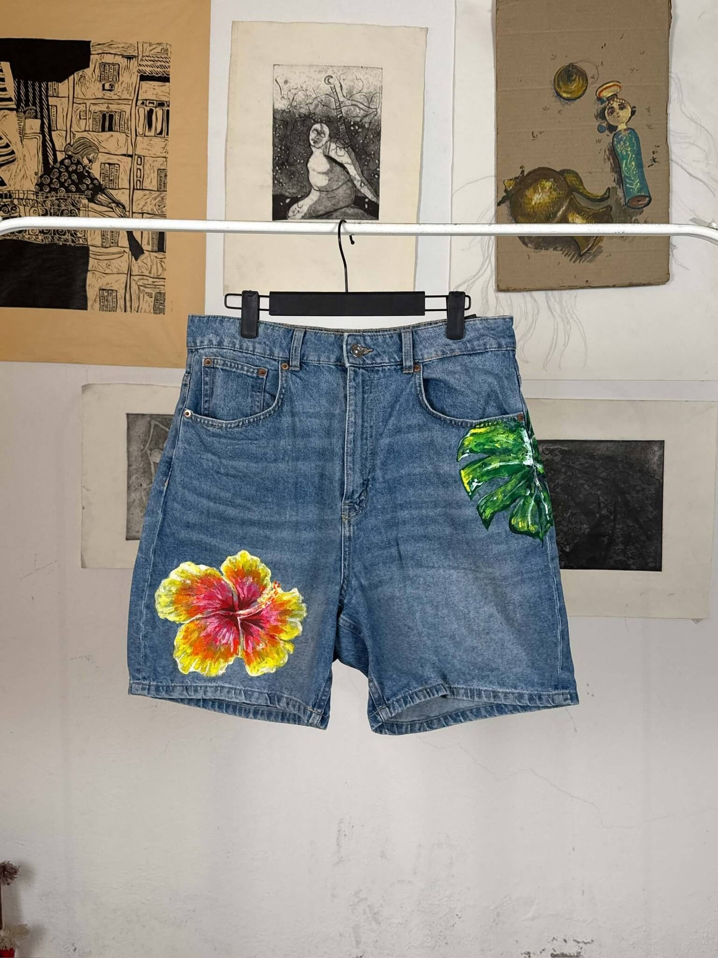Spring Ocean Handpainted Denim Shorts