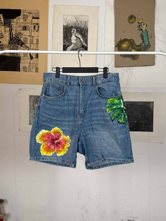 Spring Ocean Handpainted Denim Shorts