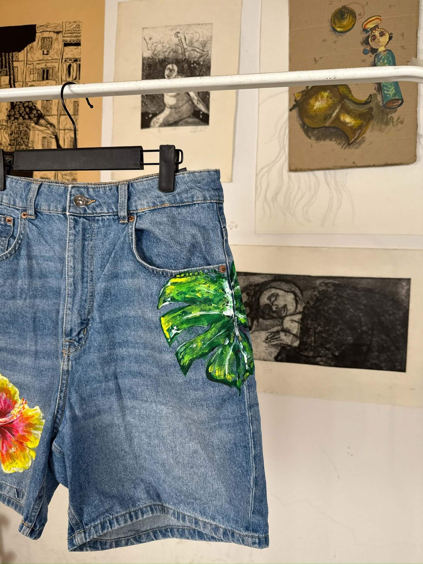 Spring Ocean Handpainted Denim Shorts