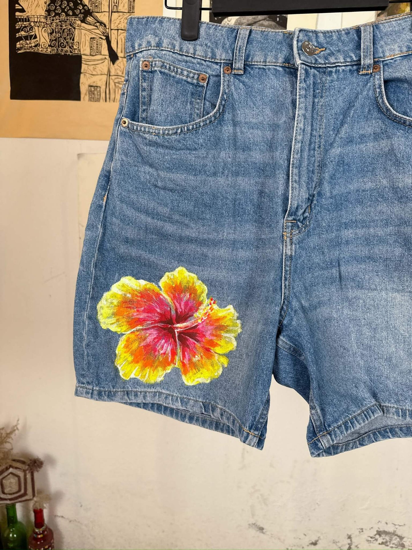 Spring Ocean Handpainted Denim Shorts