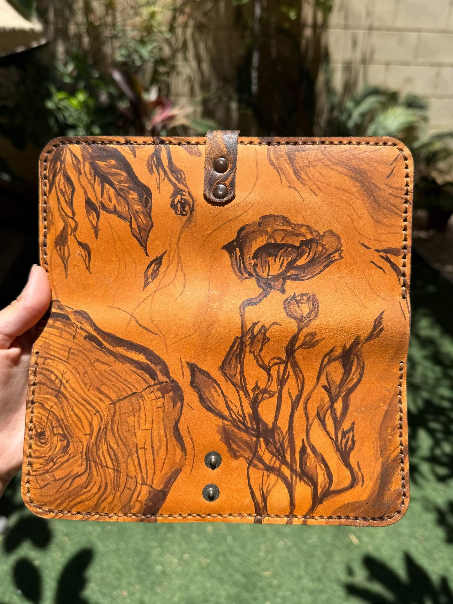 Handpainted Flowers and Wood Brown Wallet