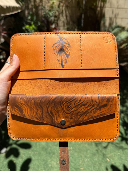 Handpainted Flowers and Wood Brown Wallet