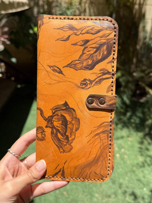 Handpainted Flowers and Wood Brown Wallet