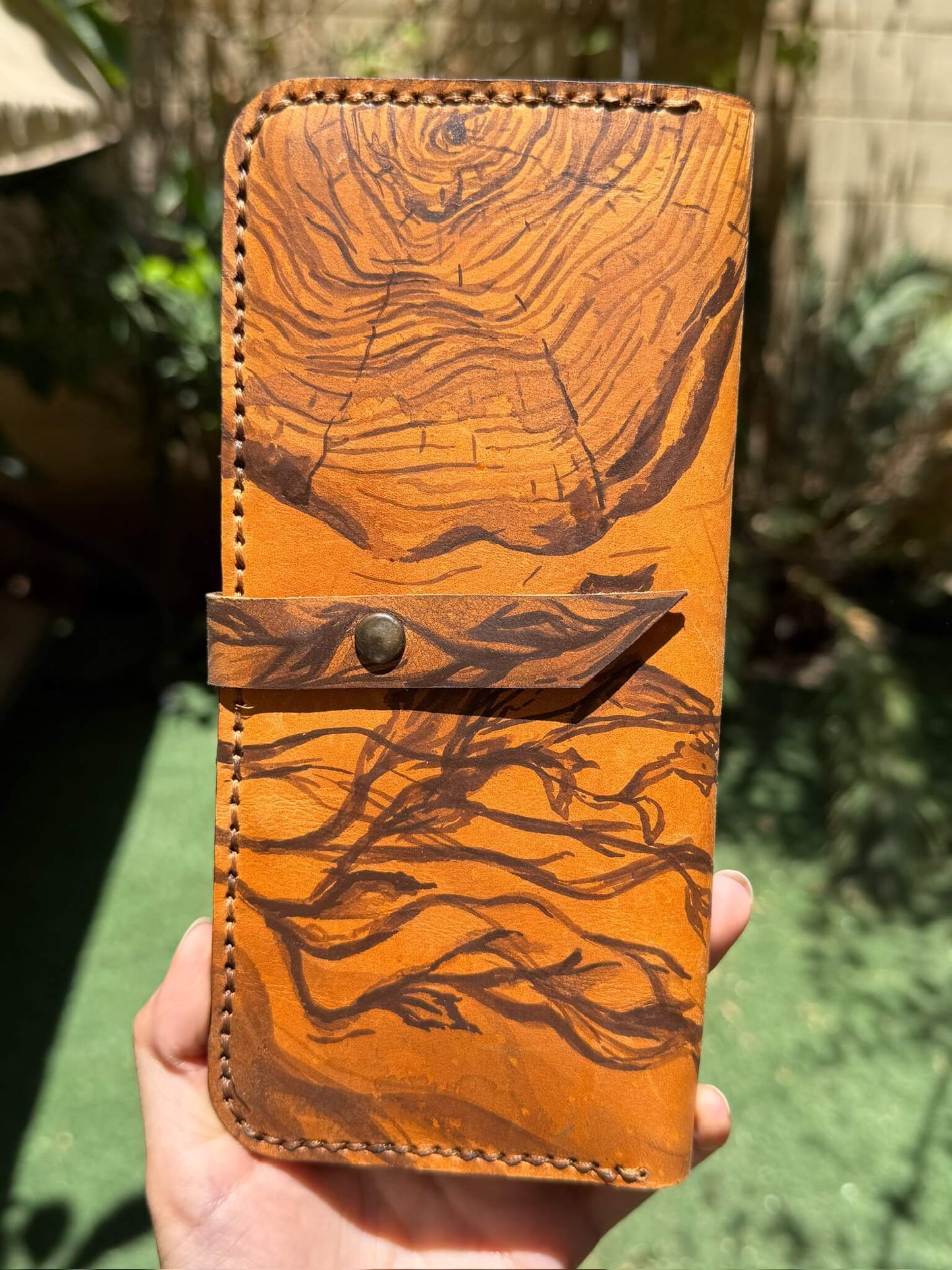 Handpainted Flowers and Wood Brown Wallet