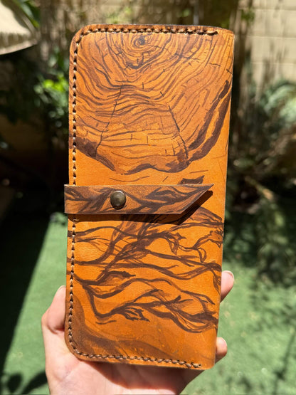 Handpainted Flowers and Wood Brown Wallet