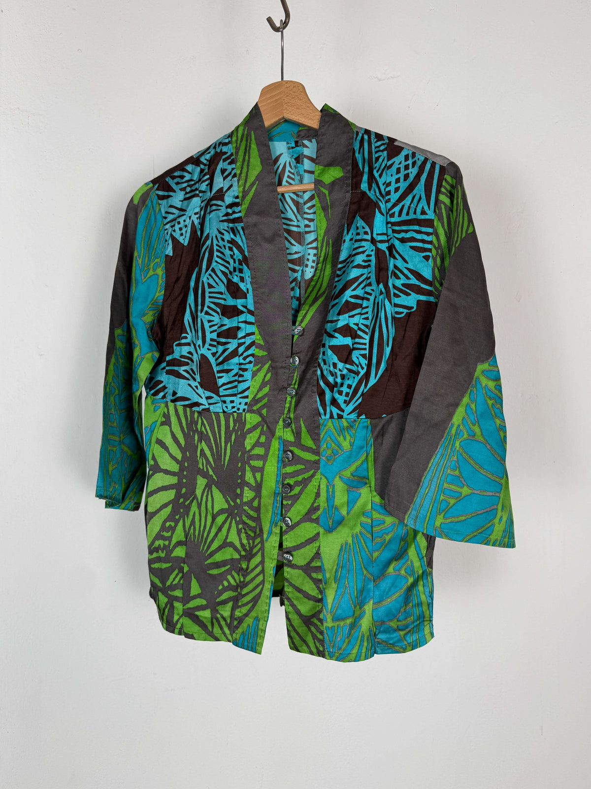 Teal and Brown Vintage Silk Blouse